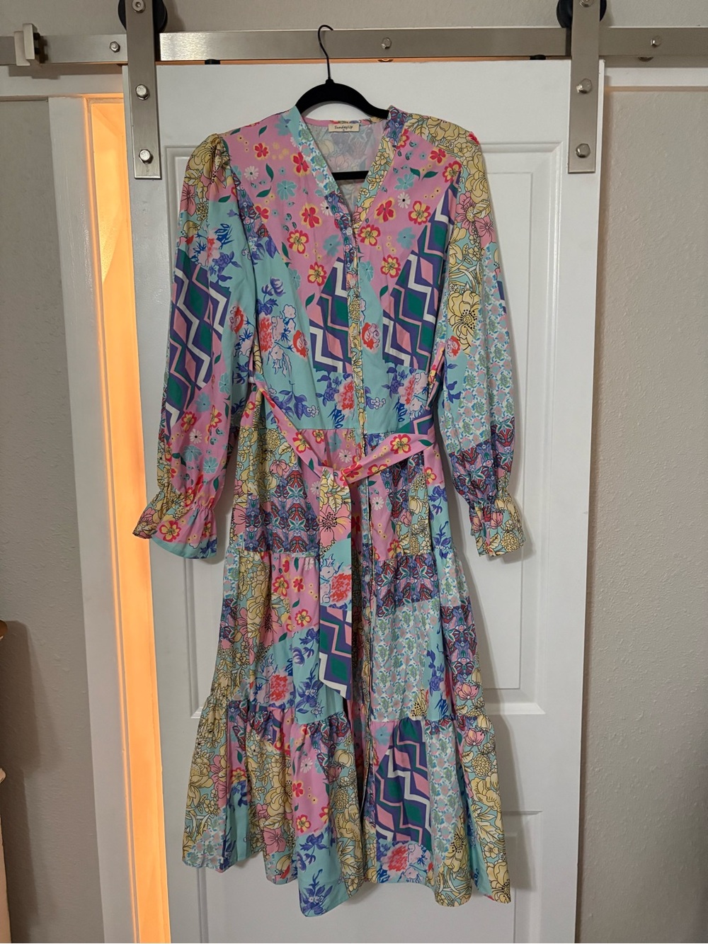 Sunday Pastel Multicolor Floral Patchwork Long Sleeve Midi Dress